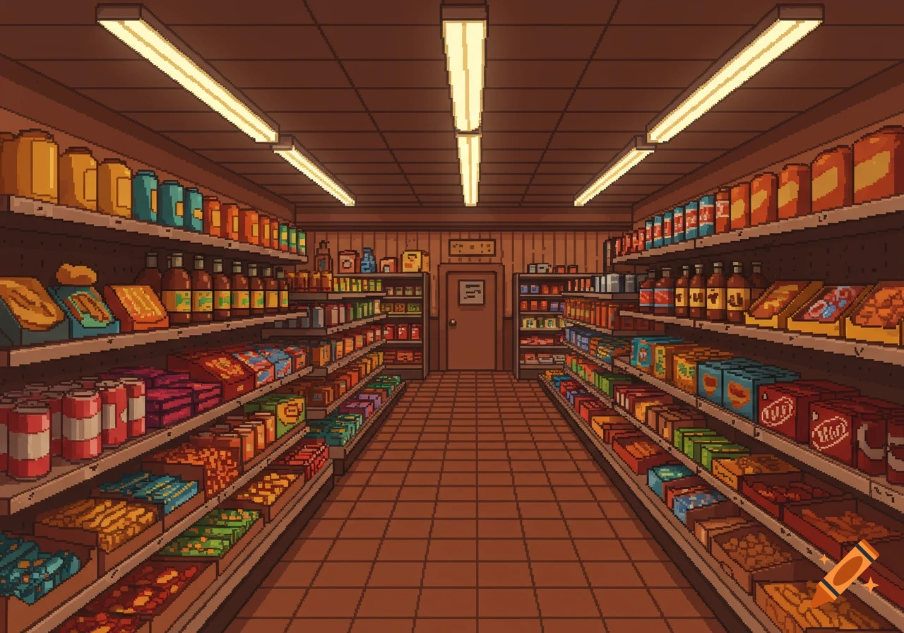 Pixel art of a convenience store aisle, with shelves full of products and a door at the back.