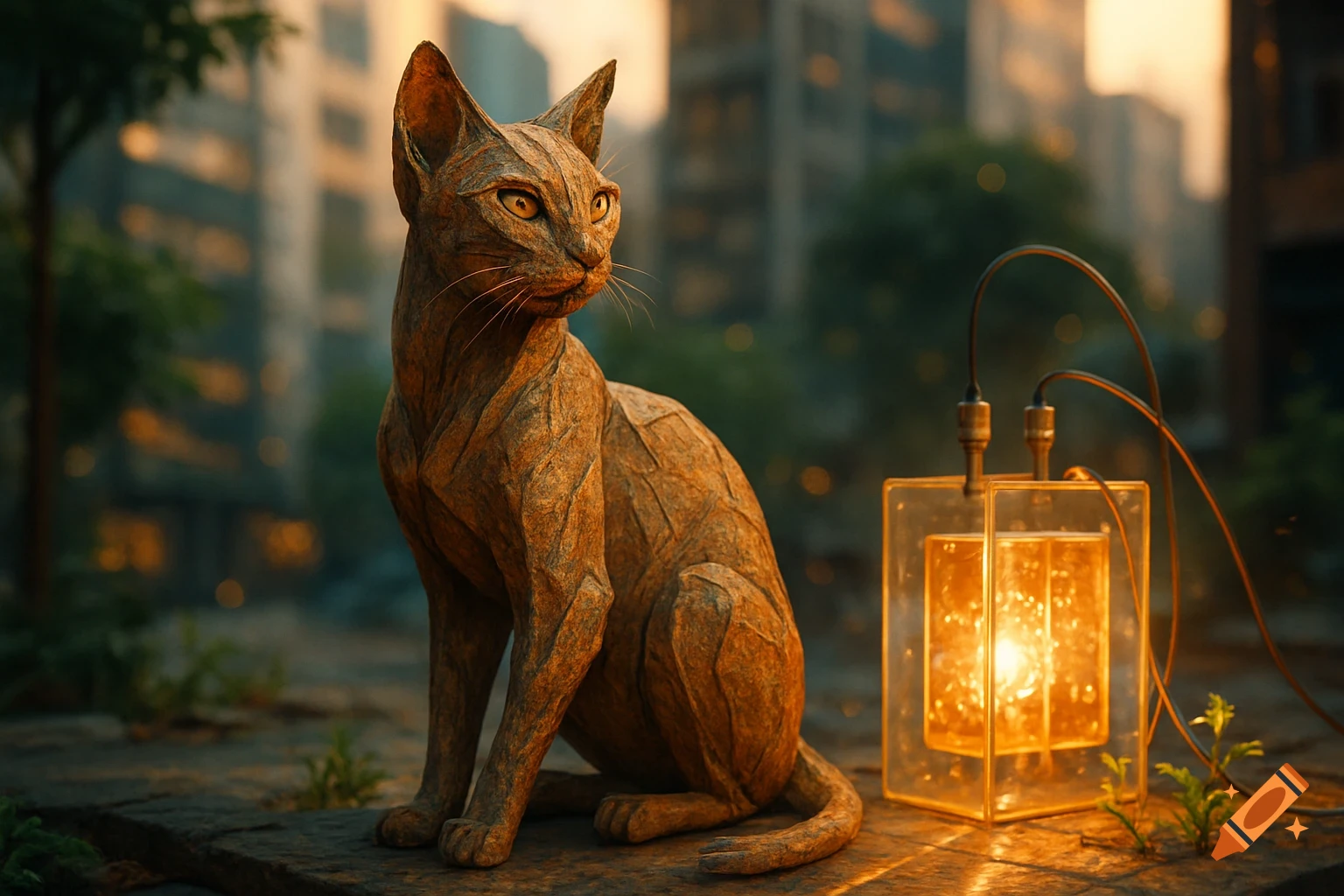 A detailed lignocellulosic cat sculpture sits next to a glowing electrochemical cell in an urban setting.