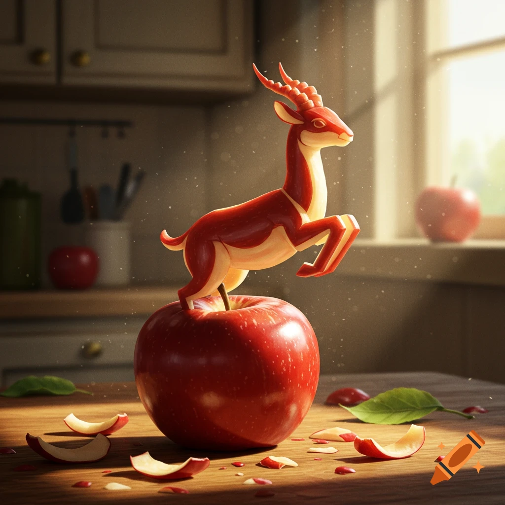 A photorealistic sculpture of a red apple gazelle standing on a large red apple, with apple slices on a wooden kitchen counter.