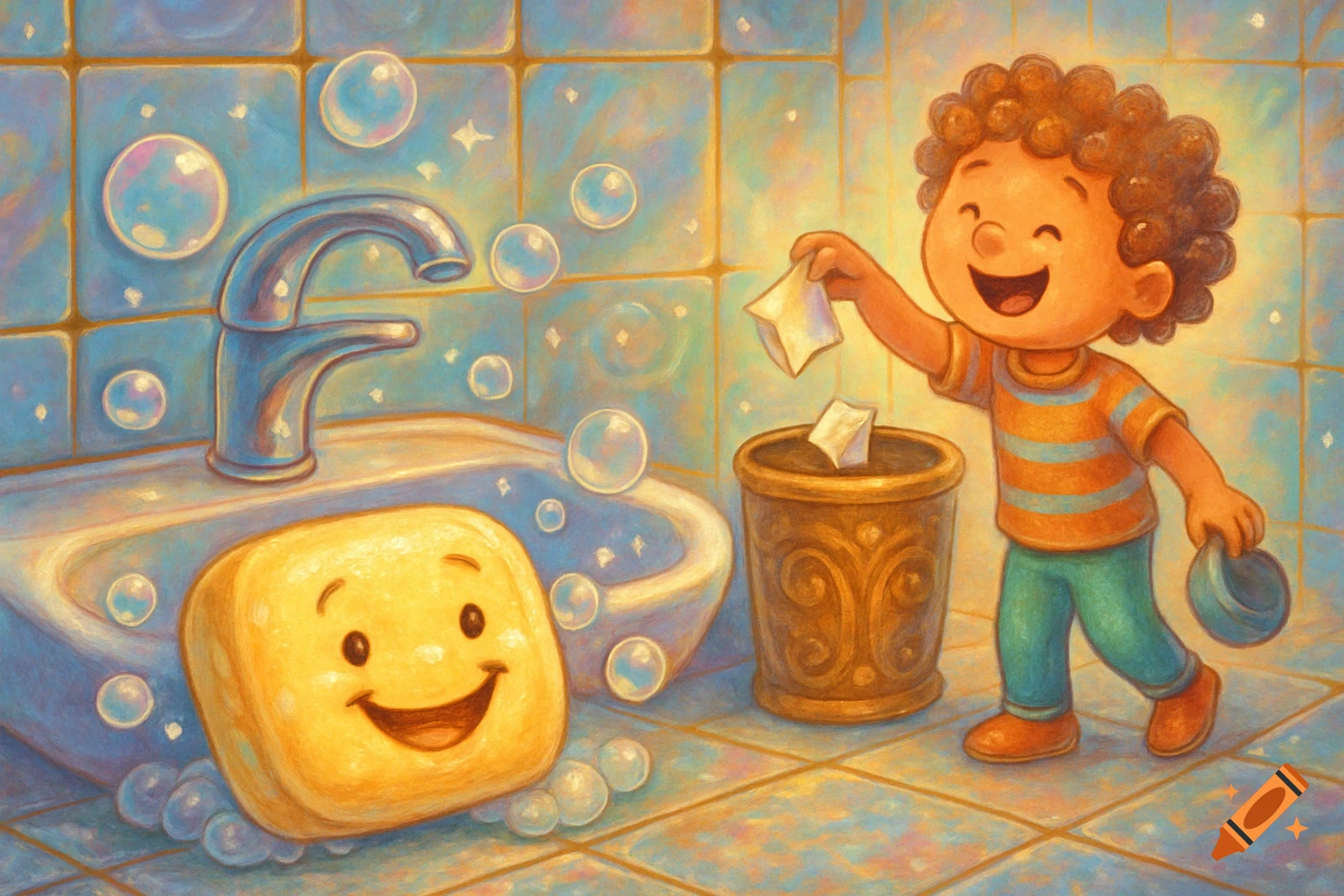 A cheerful child puts paper in a trash can in a tiled bathroom, next to a smiling bar of soap and a sink. Colorful illustration.