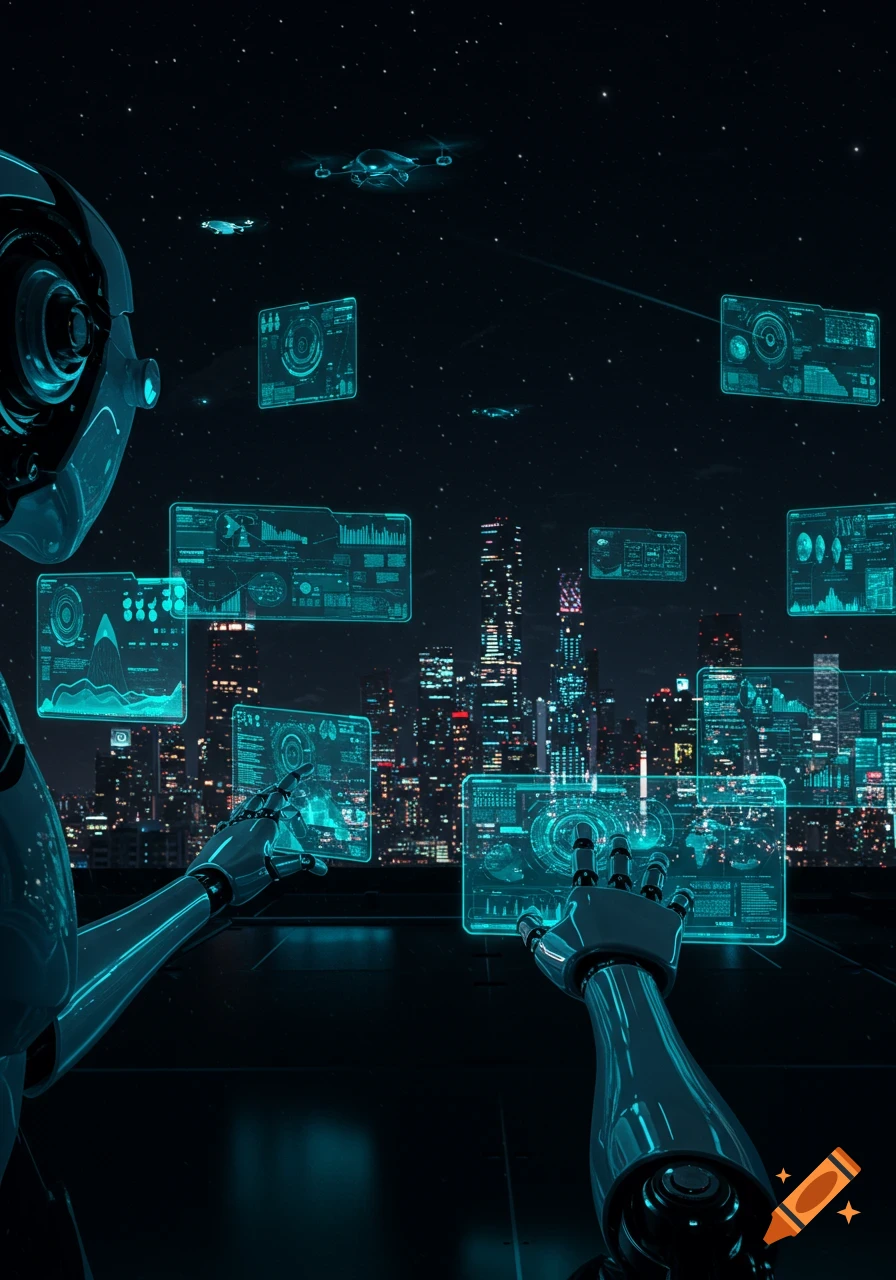 A robot's point of view manipulating holographic data screens above a neon-lit futuristic city at night with drones flying.