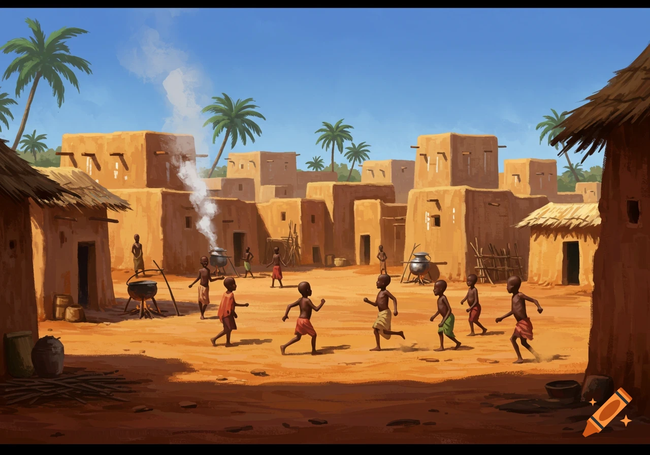 Illustration of children playing in a dusty African village with mud houses and palm trees under a blue sky.