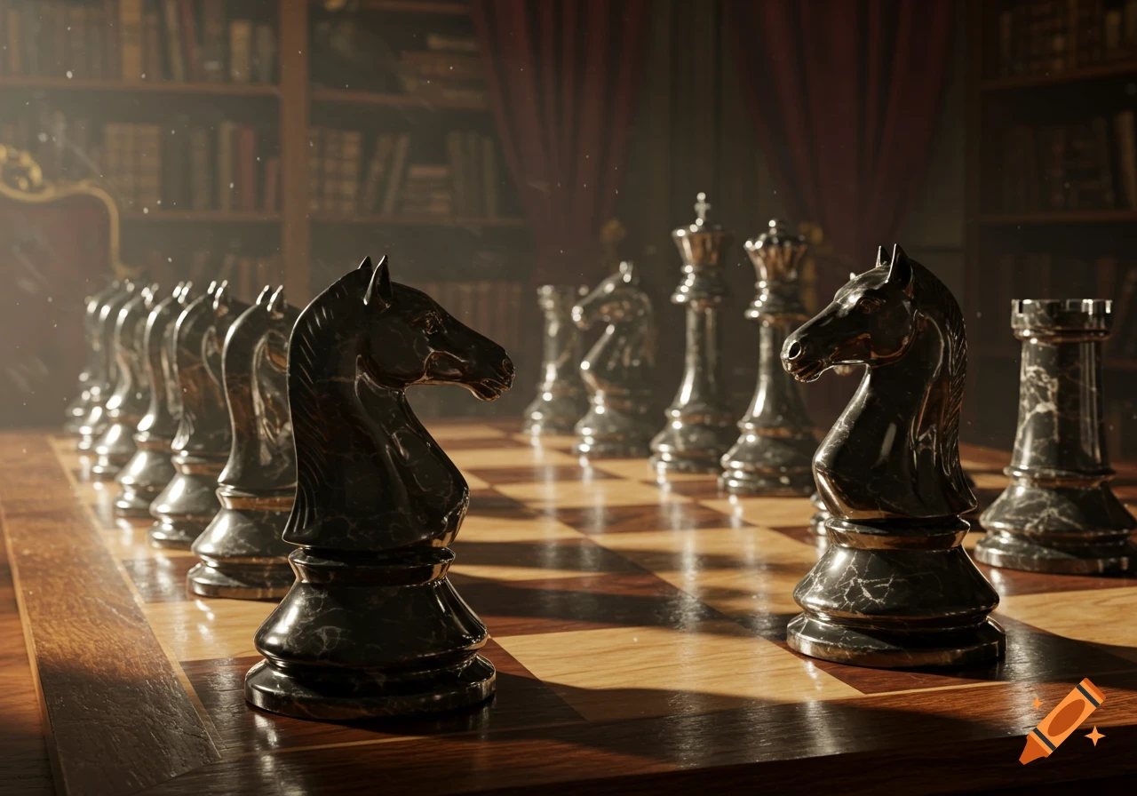 A photorealistic image of a chess set with dark marble pieces on a wooden board in a dimly lit library.