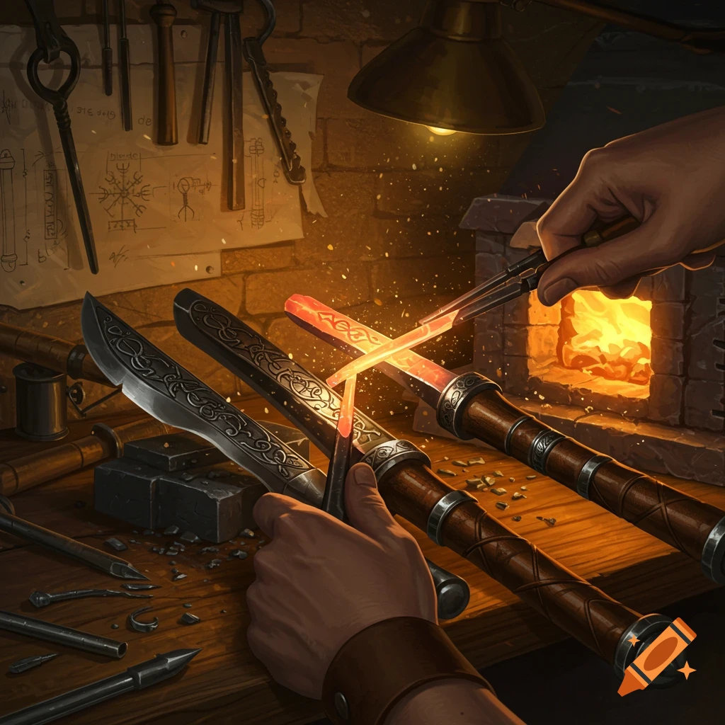 Hands forge glowing knife blades at a blacksmith's workbench, surrounded by tools and a fiery furnace.