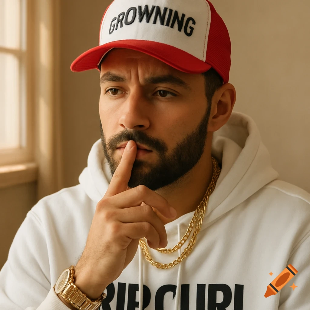 Close-up portrait of a thoughtful young man with a beard, wearing a white hoodie, red and white cap, gold chains, and a gold watch.
