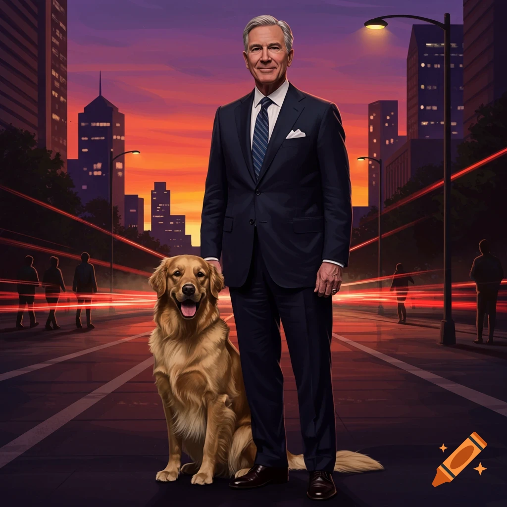 A man in a suit stands with a golden retriever dog on a city street at sunset, with skyscrapers and red light trails.