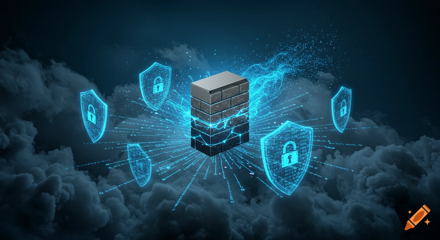 A dark brick-like firewall glows with blue digital data connecting to five blue security shields, surrounded by dark clouds.