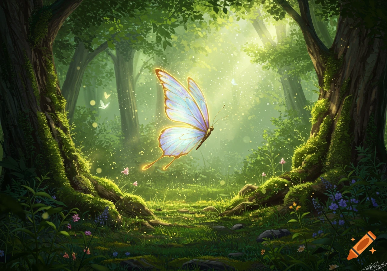 A luminous blue and purple butterfly with glowing edges flies through a magical, sun-drenched forest with sparkling light.