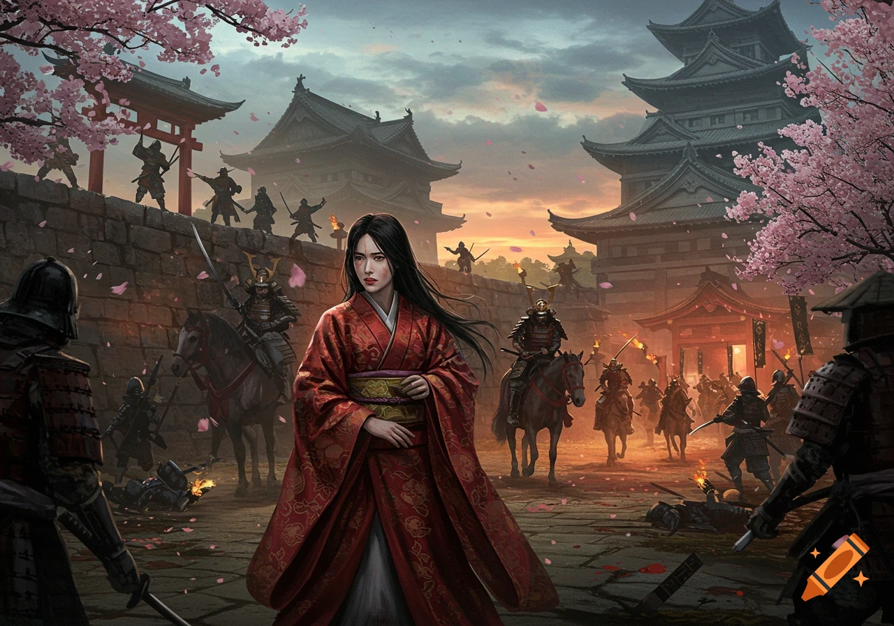 A princess in a red kimono stands amidst a samurai battle in front of a Japanese castle with cherry blossoms at sunset, digital art.