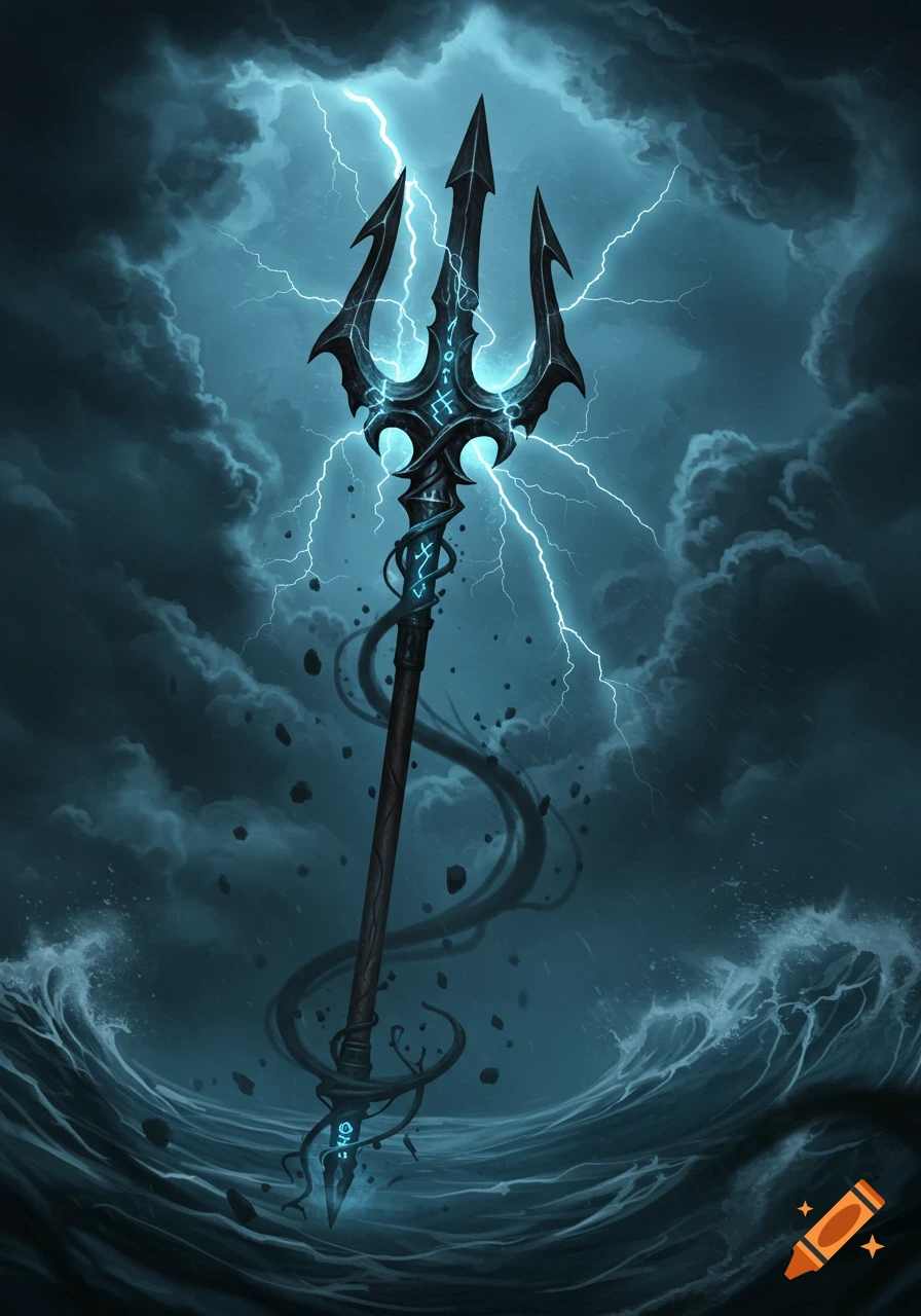 A black, ornate trident with glowing blue runes stands amidst crashing waves and dark, stormy clouds with lightning strikes. Stylized digital art.