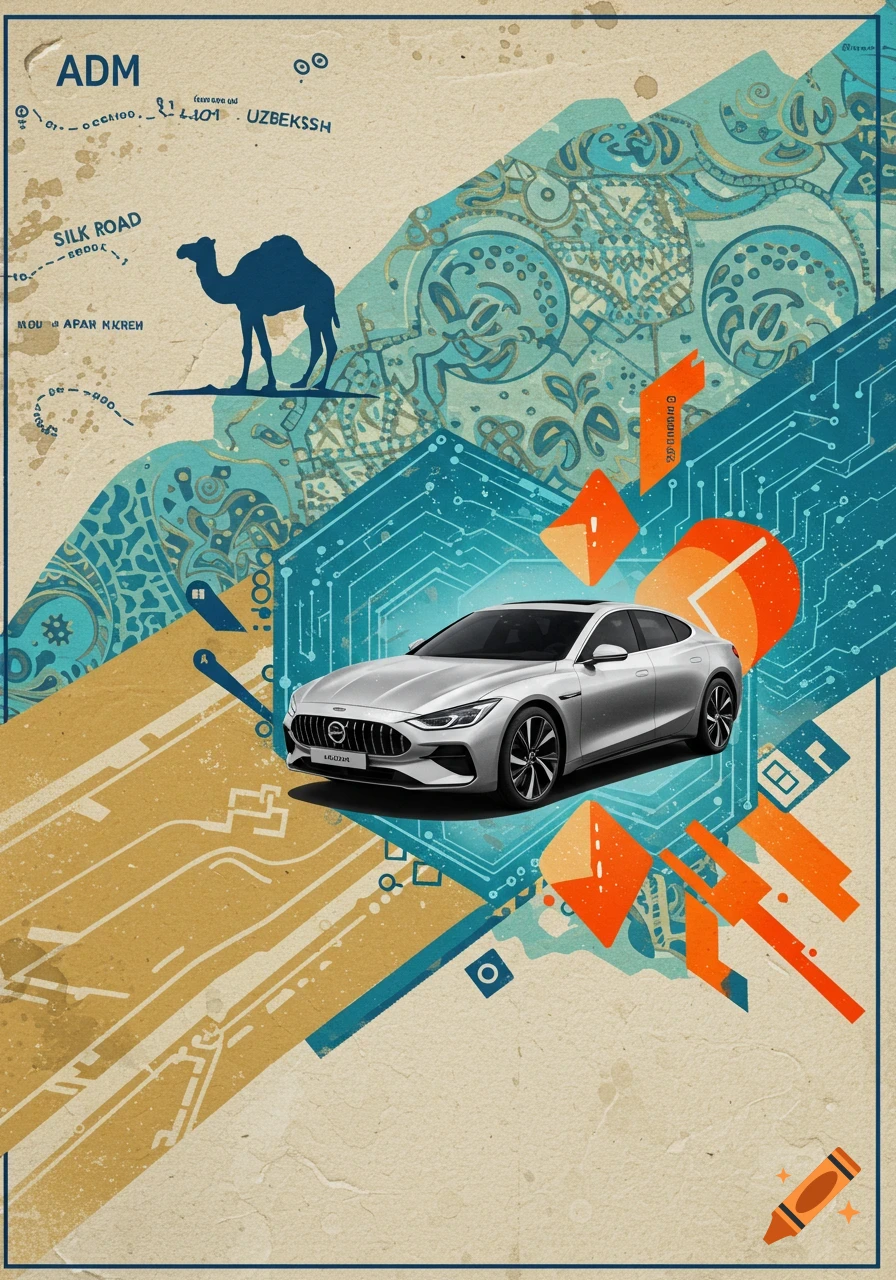 A silver car on a retro-futuristic collage background with a camel silhouette, Silk Road map lines, and circuit board patterns.