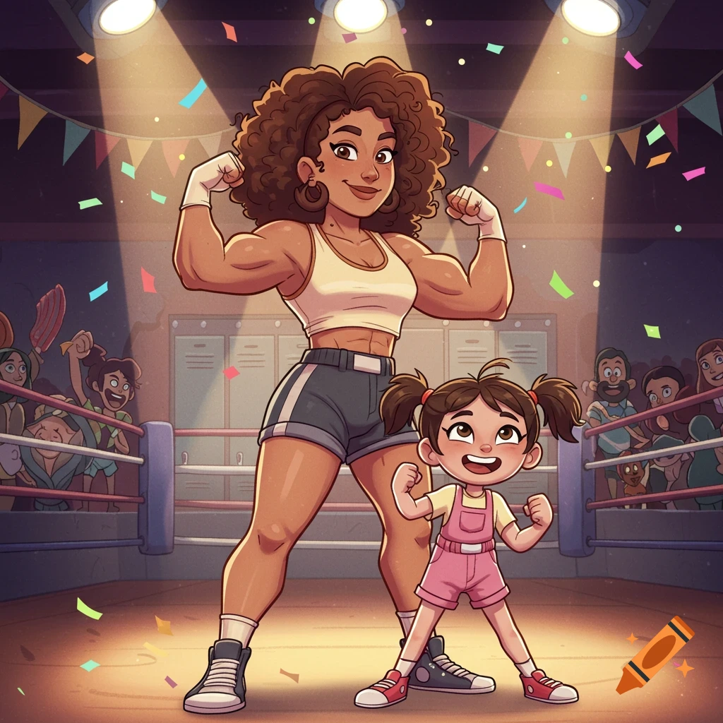 Cartoon woman and young girl flex muscles in a boxing ring with confetti and an audience.