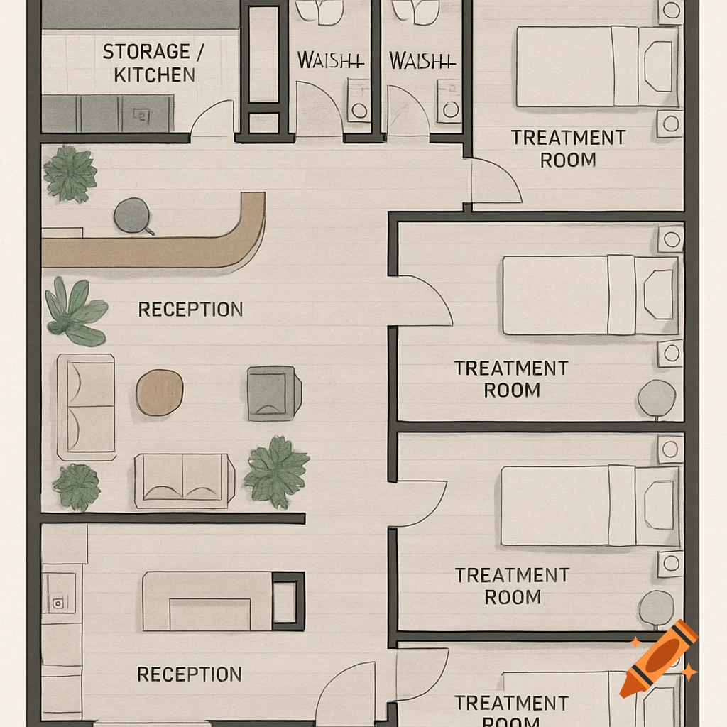 A stylized top-down floor plan of a beauty center with reception, storage/kitchen, two bathrooms, and multiple treatment rooms.