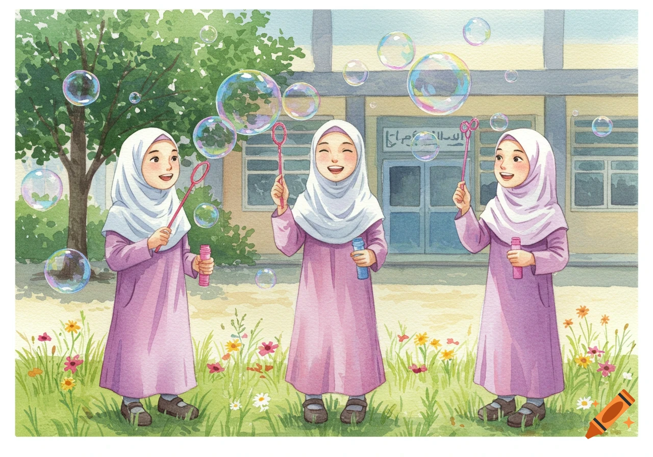 Three young girls in hijabs blow colorful bubbles in a grassy schoolyard, painted in a watercolor style.