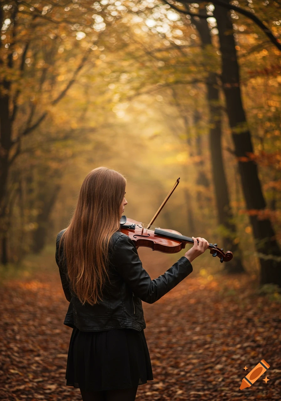 A woman with long brown hair, seen from behind, plays a violin on a path in a colorful autumn forest with fallen leaves.