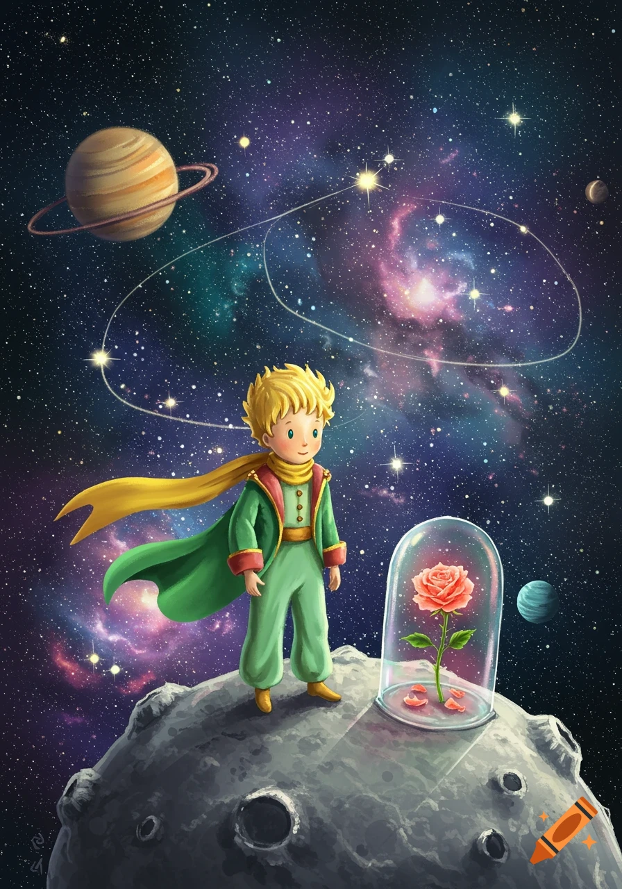 An illustration of the Little Prince standing on a moon with a rose in a cloche, surrounded by planets and stars in a colorful galaxy.
