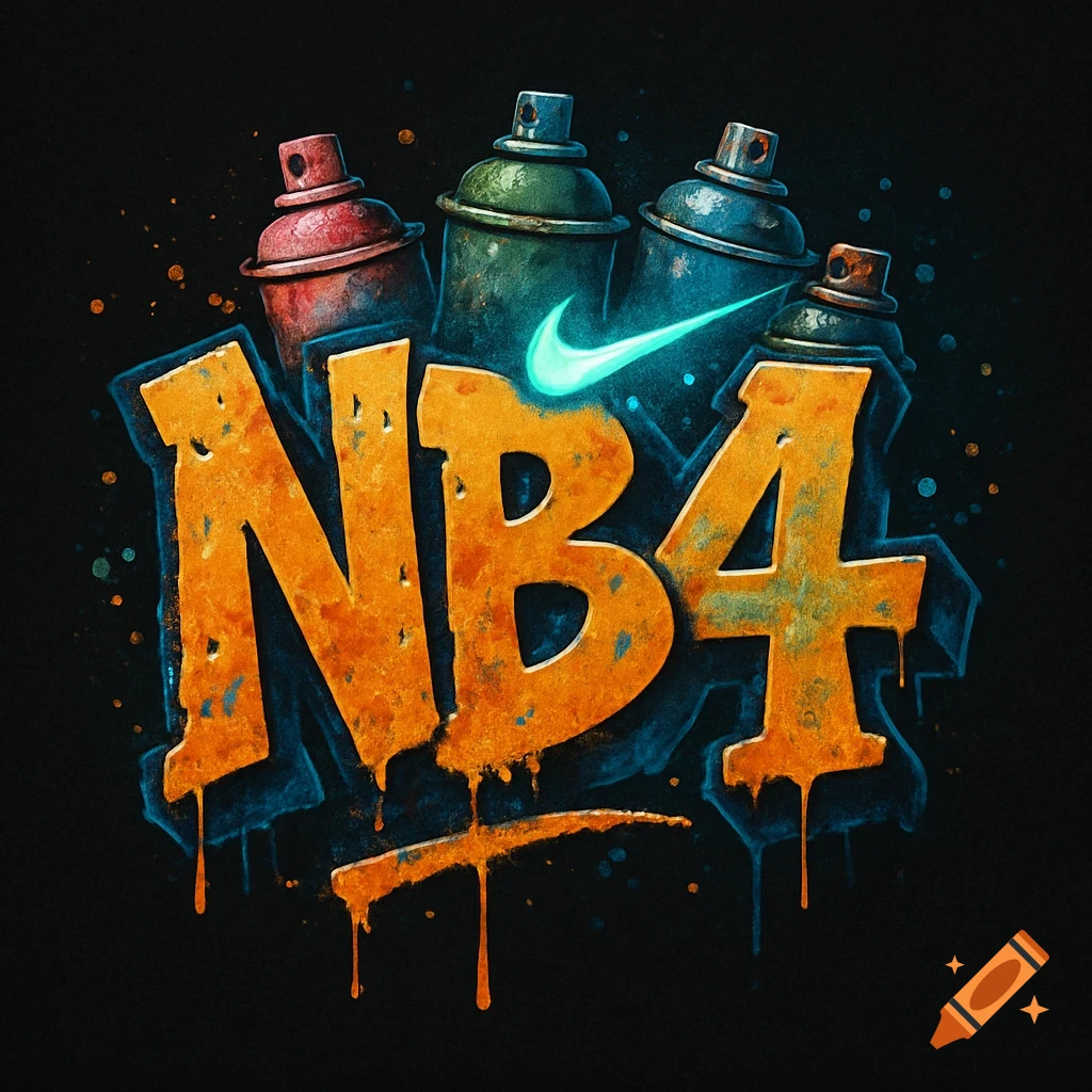 A vibrant orange graffiti-style logo reading 'NB4' with dripping paint, blue outlines, a glowing Nike swoosh, and spray cans on a black background.