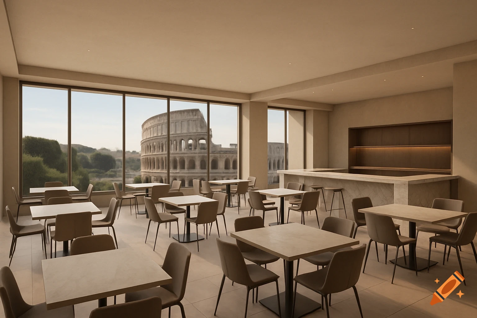Photorealistic rendering of an empty modern cafe with square tables, chairs, an L-shaped bar, and large windows with a view of the Colosseum in Rome.
