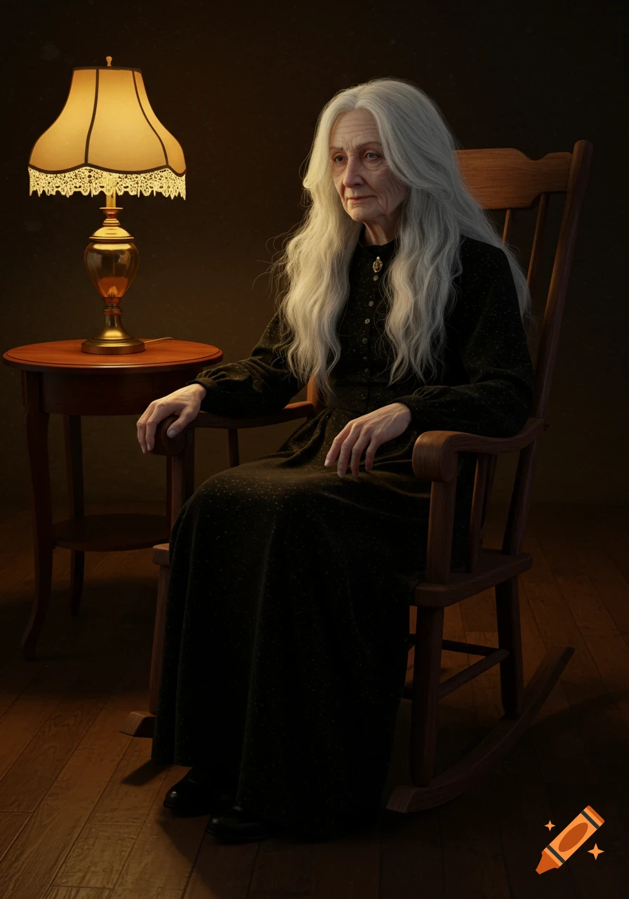 A realistic portrait of an elderly woman with long grey hair in a black dress, sitting in a rocking chair next to a lit table lamp.