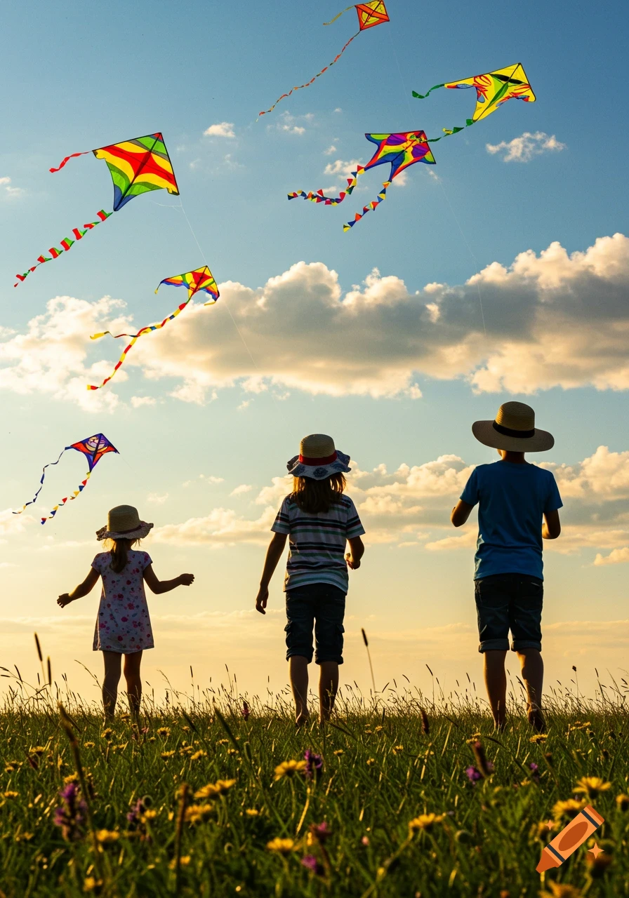 Three children in silhouette fly colorful kites from a grassy field under a bright sunset sky with clouds.