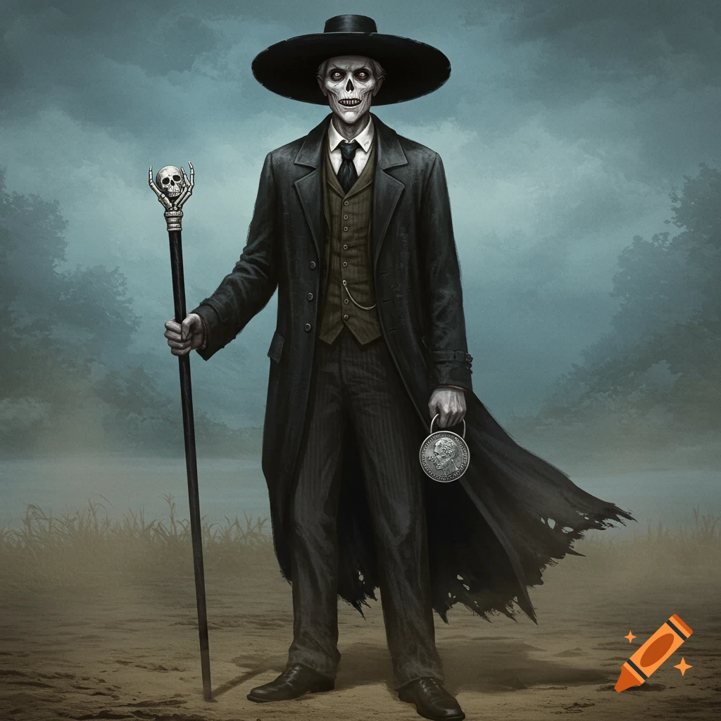 A skeletal figure in a dark suit and wide-brimmed hat stands on a dirt path in a misty landscape, holding a skull-topped cane and a medallion.