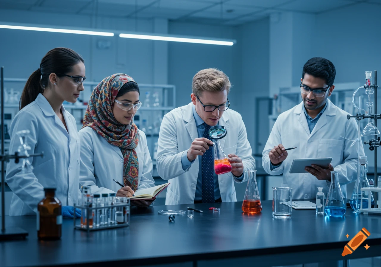 Four diverse scientists in lab coats observe chemicals and take notes in a modern laboratory, photorealistic.