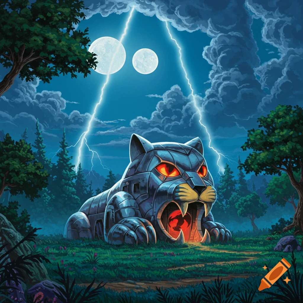 An illustrative metallic cat-shaped lair with glowing eyes in a dark forest under two moons, with lightning striking.