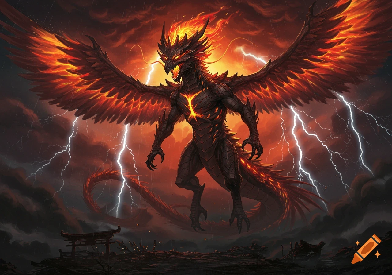 A ferocious winged monster with fiery wings and glowing chest hovers over a dark, stormy landscape with lightning and a torii gate.