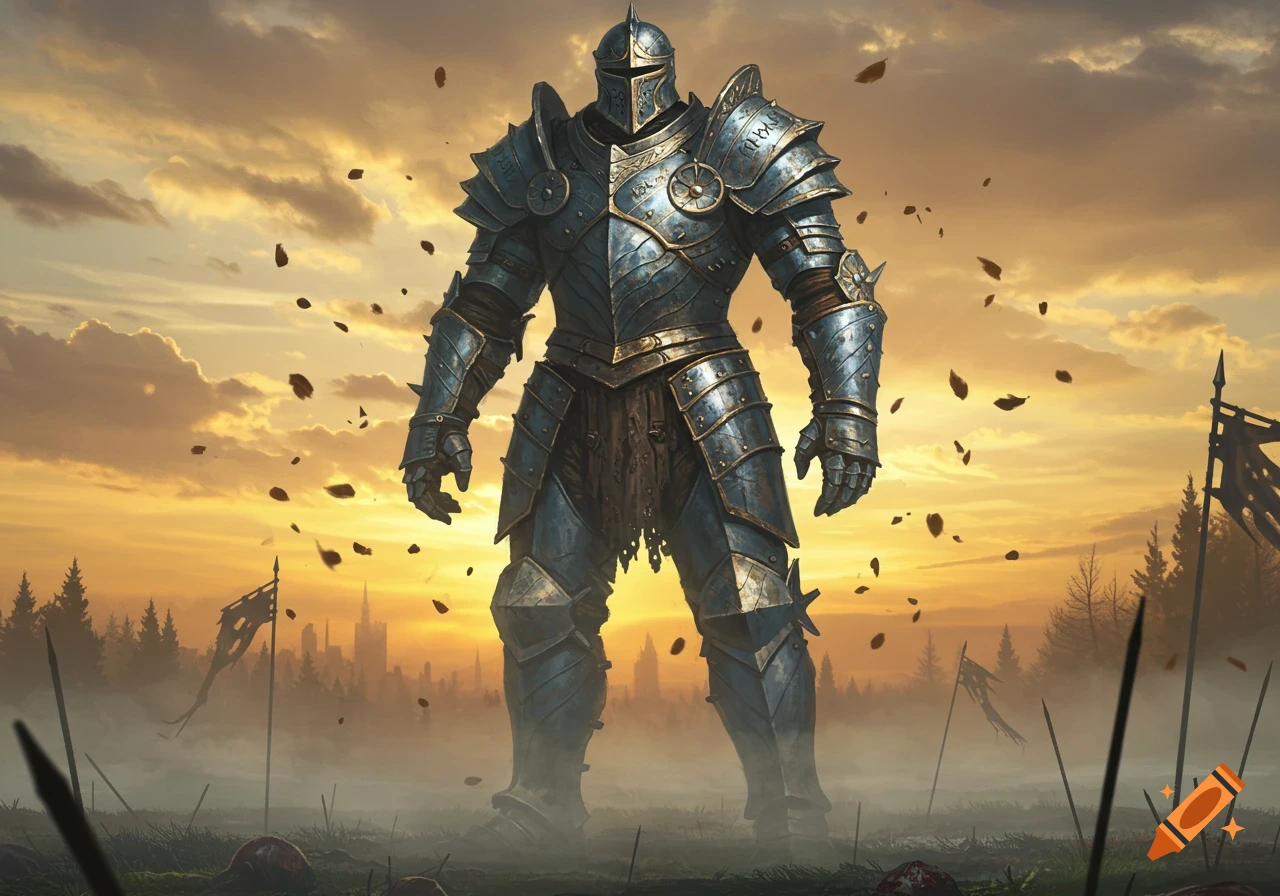 A heavily armored knight stands on a misty, battle-scarred field under a dramatic orange and yellow sunset.
