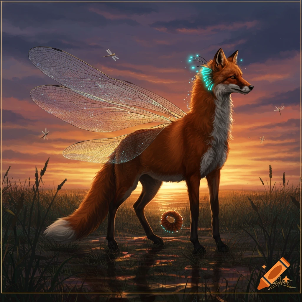 A highly detailed illustration of a fox with iridescent dragonfly wings and glowing blue tech on its ear, standing in a marsh at sunset.