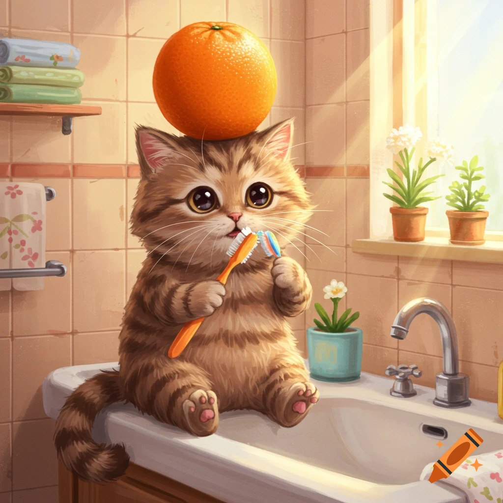 A cute cartoon cat with an orange on its head brushes its teeth while sitting on a sink in a bright bathroom.