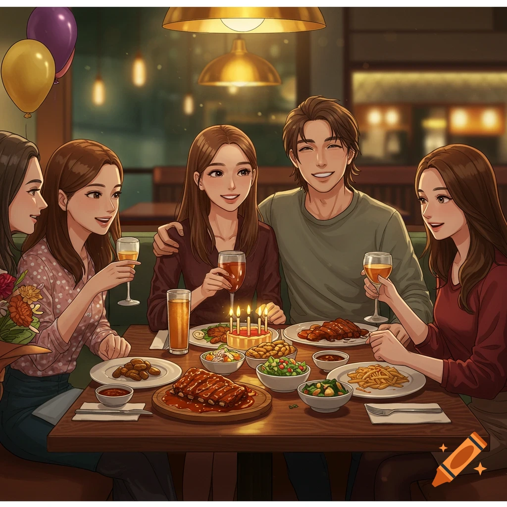 Five smiling anime-style friends celebrate a birthday at a restaurant, dining on spare ribs and drinks.