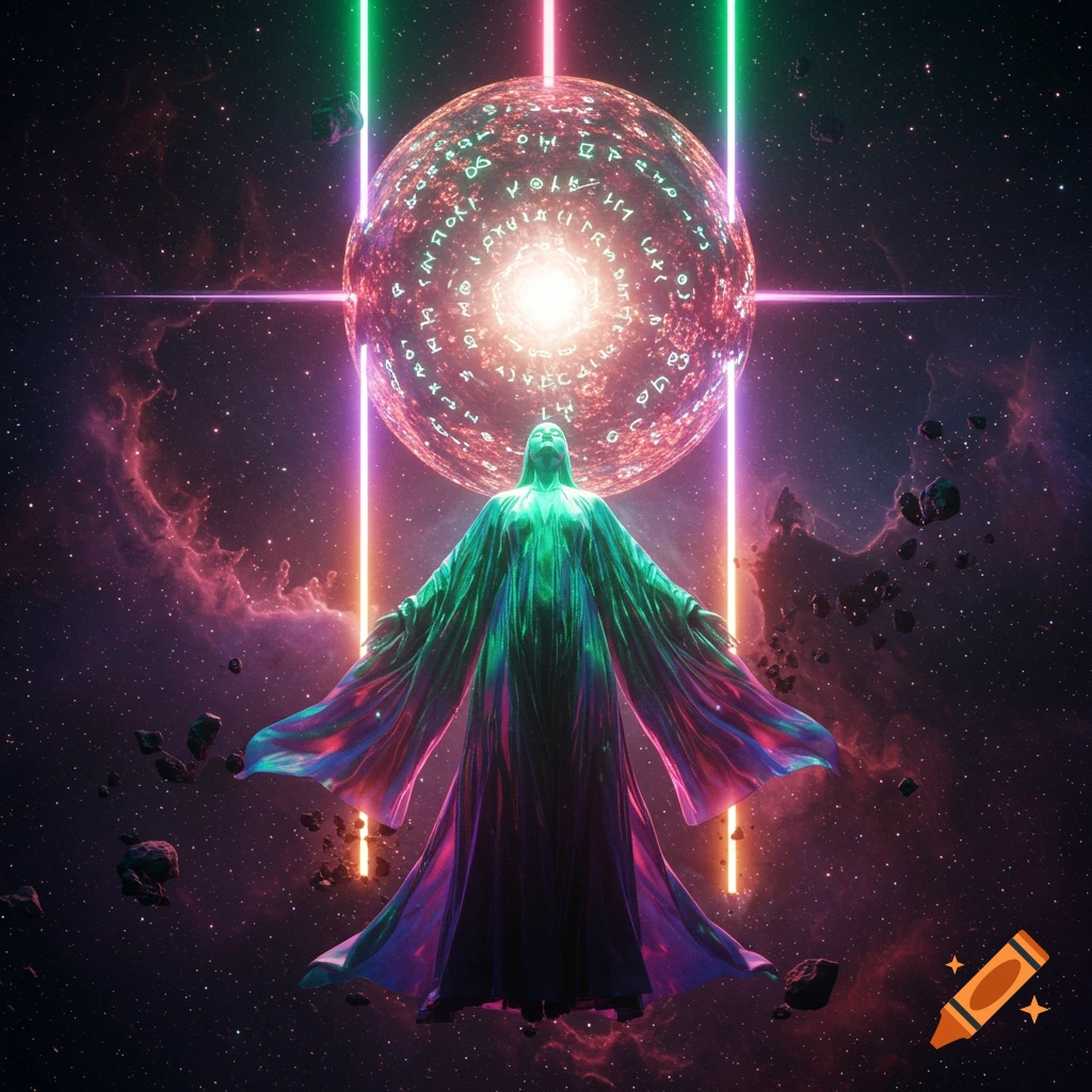 A cosmic entity in flowing robes stands before a radiant sphere with glowing runes, surrounded by nebulae and asteroids in deep space.