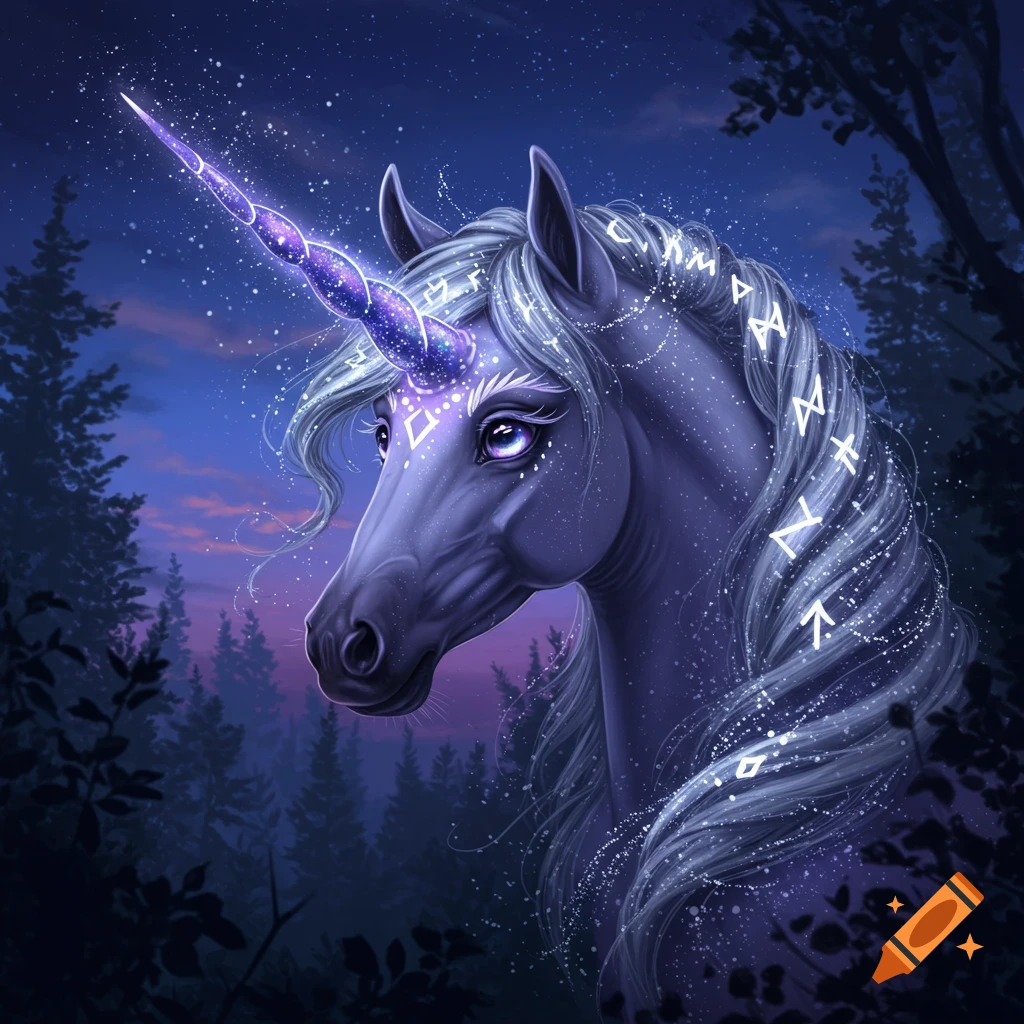 Purple fantasy unicorn with a glowing, spiraled horn and star-dusted mane in a dark, mystical forest.