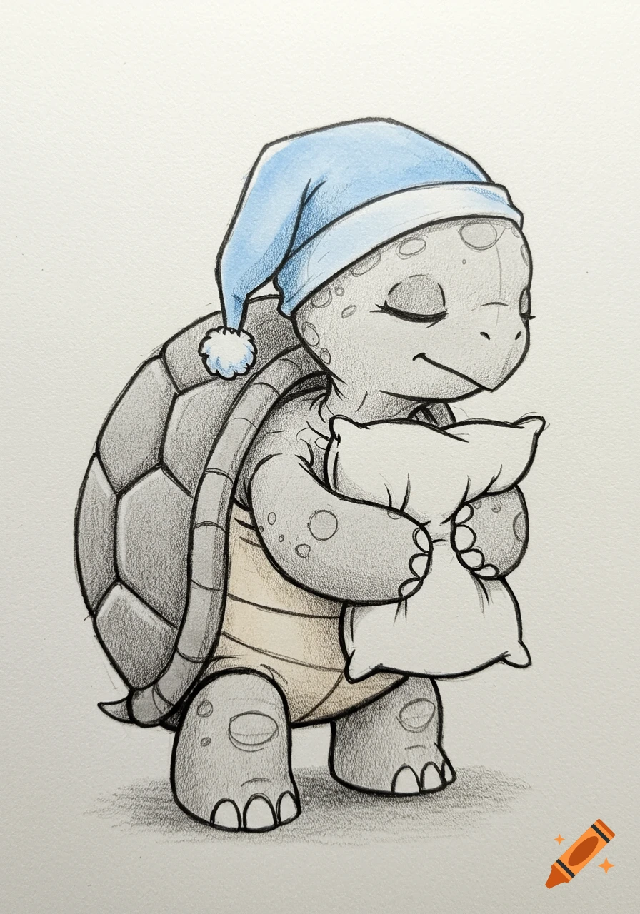 Cartoon turtle wearing a blue nightcap, holding a pillow, in a pencil sketch style.