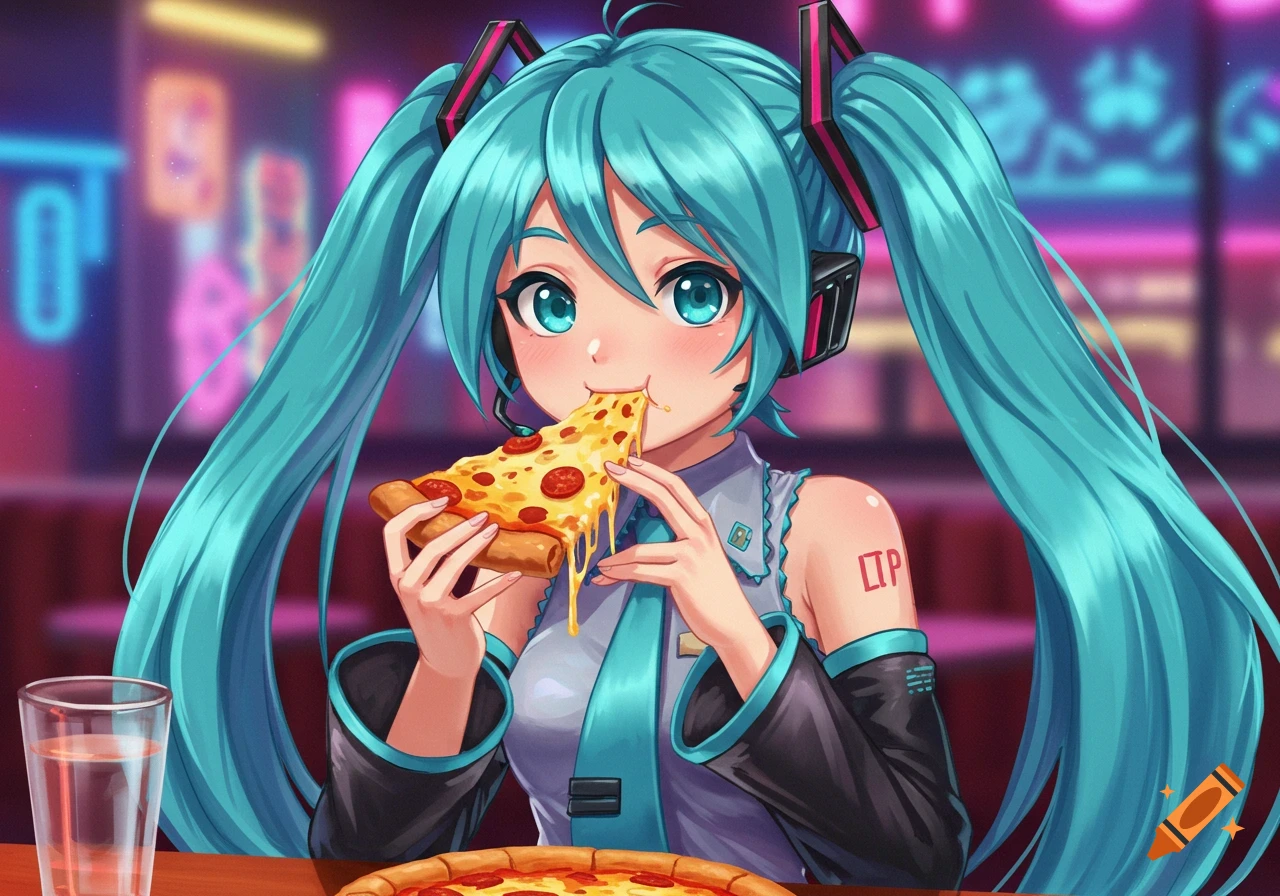 Hatsune Miku, an anime girl with long turquoise pigtails, smiles while eating a slice of pepperoni pizza in a neon-lit restaurant.