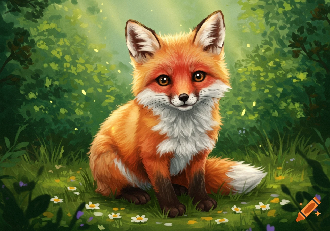 A cute, fluffy red fox with big eyes sits in a lush green forest with small white flowers, in a painterly cartoon style.