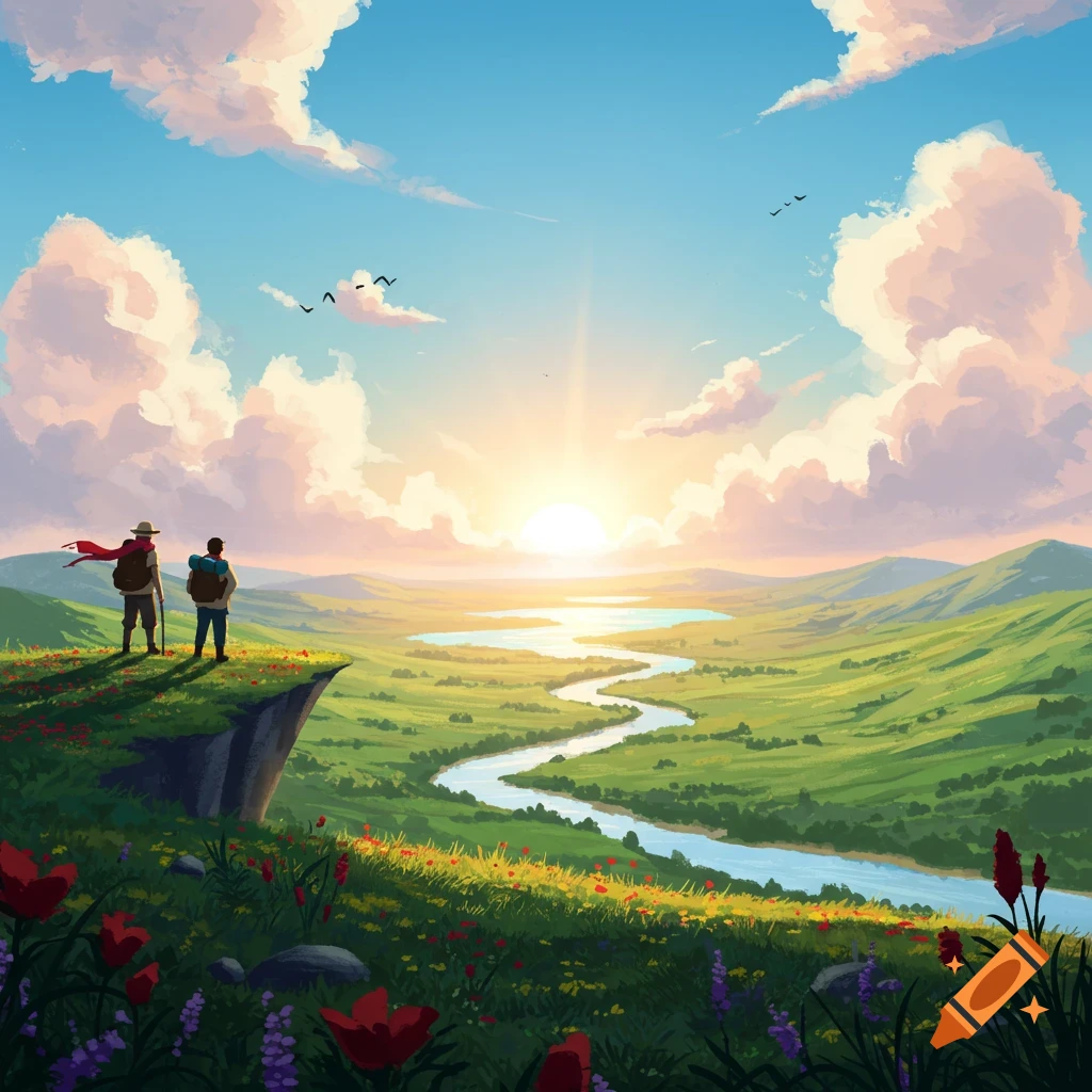 Two adventurers stand on a cliff overlooking a winding river through a lush green valley at sunrise, stylized illustration.