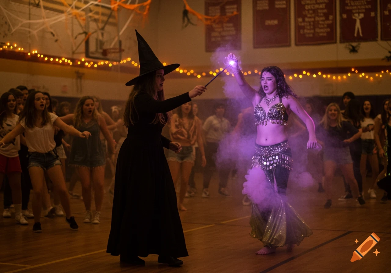 A witch in a black dress points her wand at a belly dancer enveloped in purple smoke in a decorated high school gym, with other students looking on.