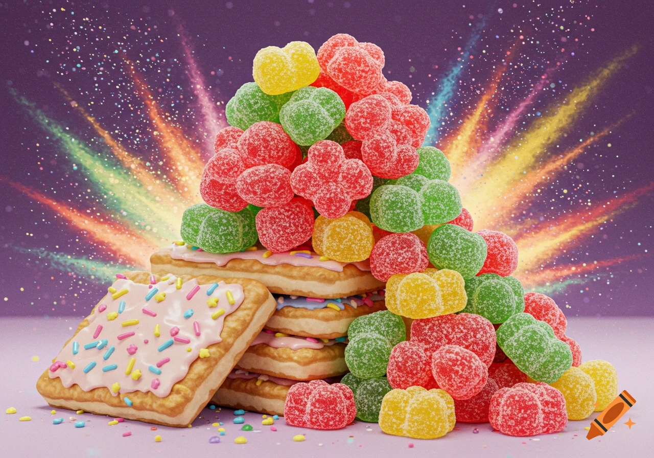 A large pile of colorful, sugar-coated gummy candies on pink-frosted pop tarts against a sparkling purple background.