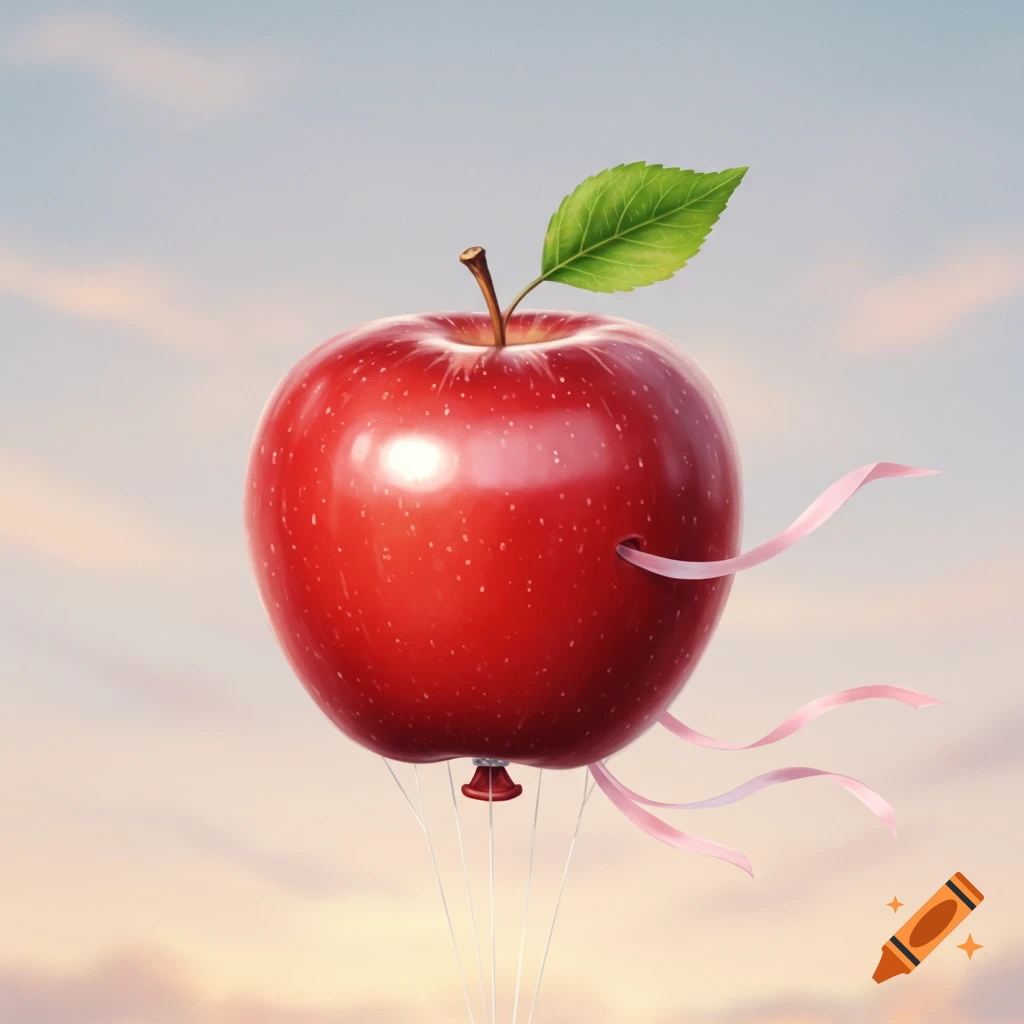 A realistic red apple, transformed into a hot air balloon with a stem, leaf, and pink ribbons, floating in a bright, cloudy sky.