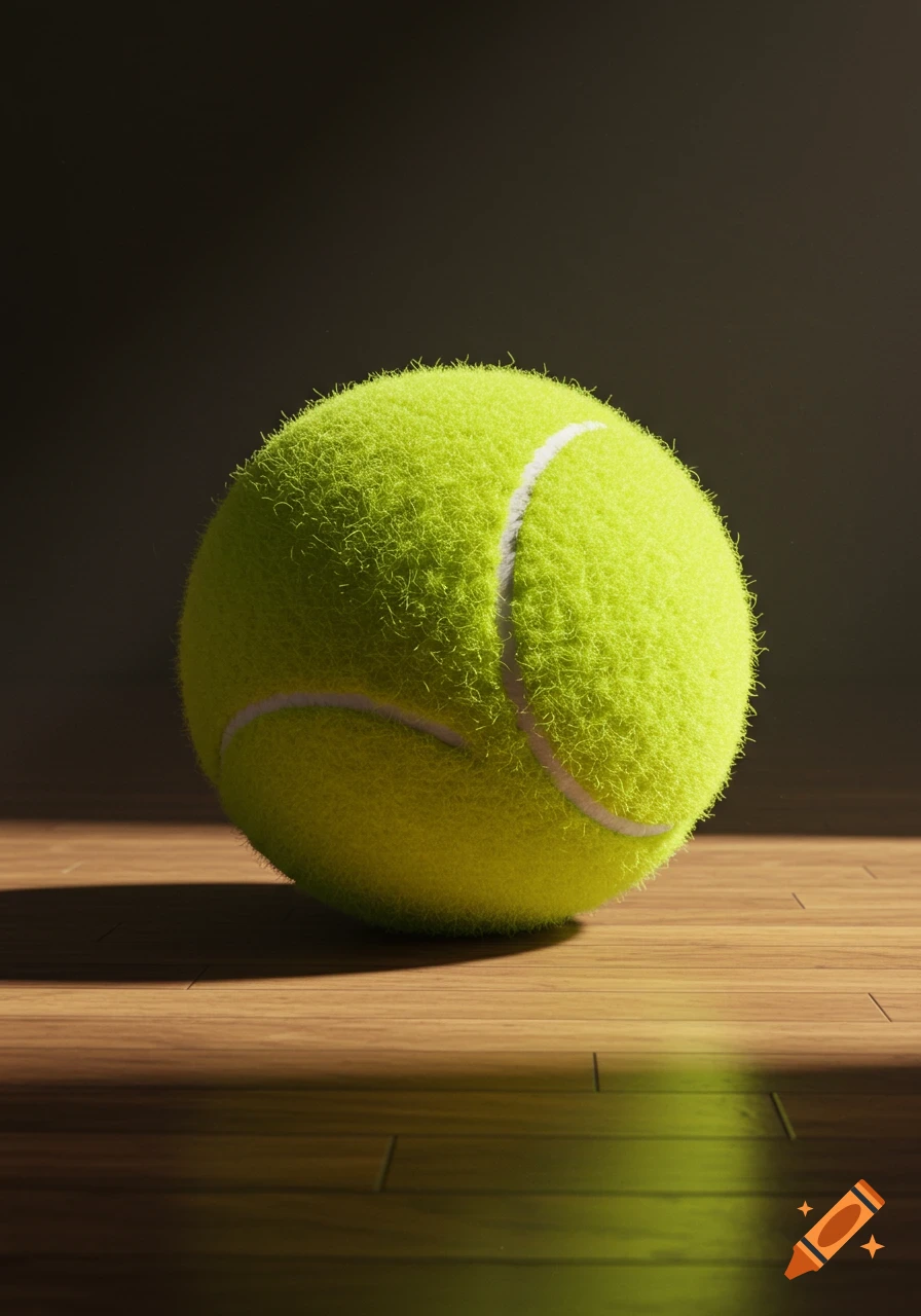 A vivid green tennis ball with white seams sits on a wooden floor, lit dramatically.
