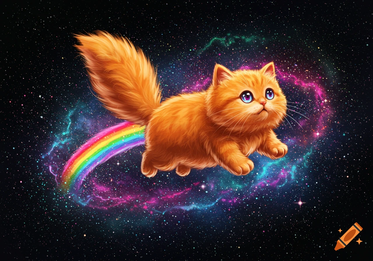 Fluffy orange cat with big blue eyes flying through a starry galaxy, leaving a vibrant rainbow trail.