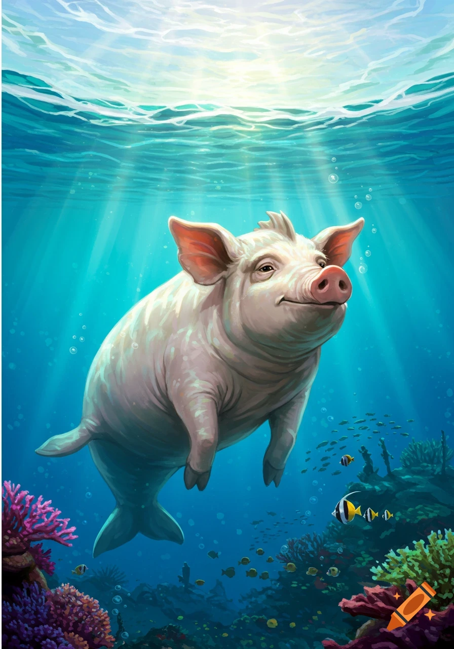 A cheerful, cartoonish aquatic pig with a fish tail smiles while swimming in a vibrant underwater coral reef with sunlight rays.