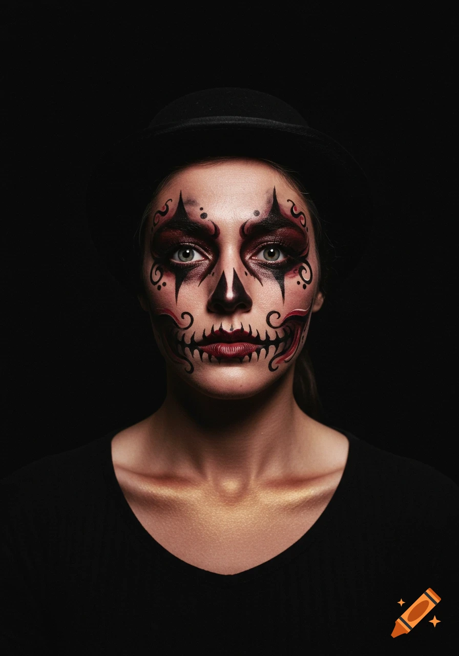 EMO Gothic Halloween makeup with ventriloquist doll inspiration on Craiyon, image size:896x1280