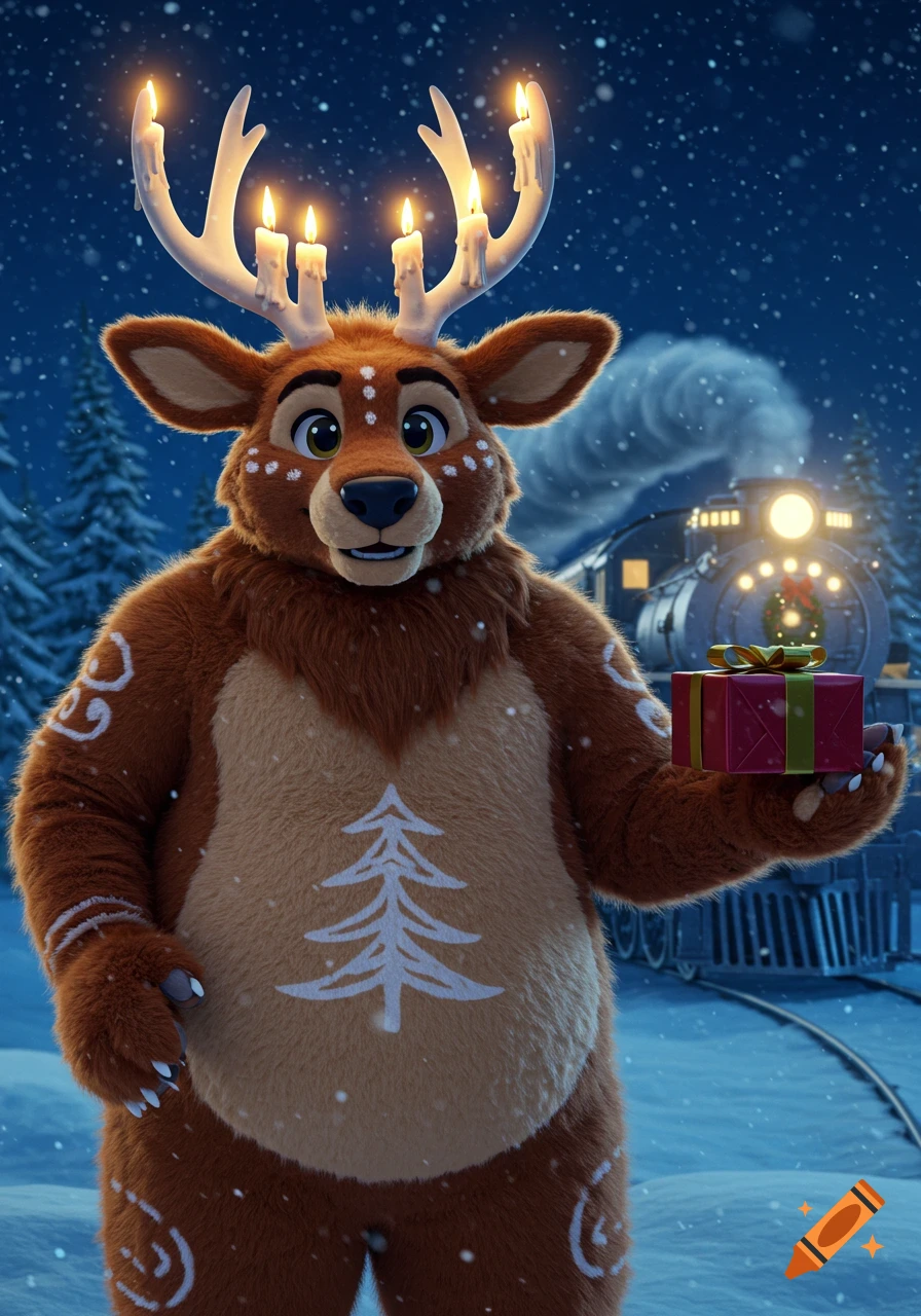 A friendly brown furry reindeer-like character with candles on its antlers holds a gift in a snowy night scene with a train.
