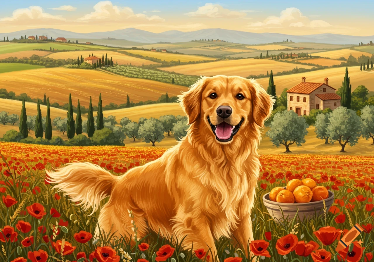 A happy Golden Retriever sits in a red poppy field in a vibrant Italian countryside illustration.