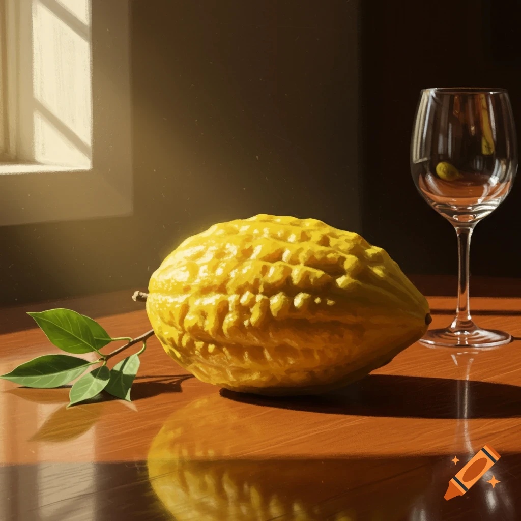 A vibrant yellow citron fruit and green leaves on a wooden table next to a wine glass, bathed in sunlight from a window.