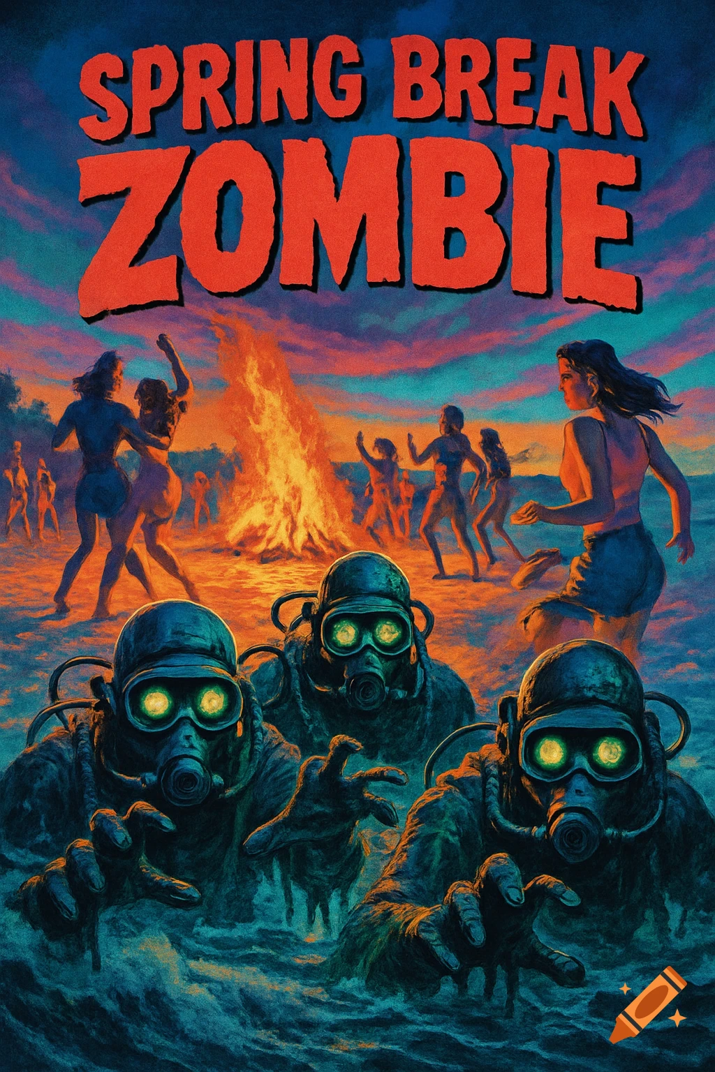 Vintage-style horror movie poster showing scuba diver zombies rising from the ocean toward a bonfire beach party at sunset, with the title "SPRING BREAK ZOMBIE".