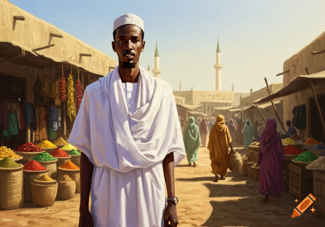A man in white traditional clothing stands in a painted, bustling marketplace with spice stalls and distant mosque minarets.